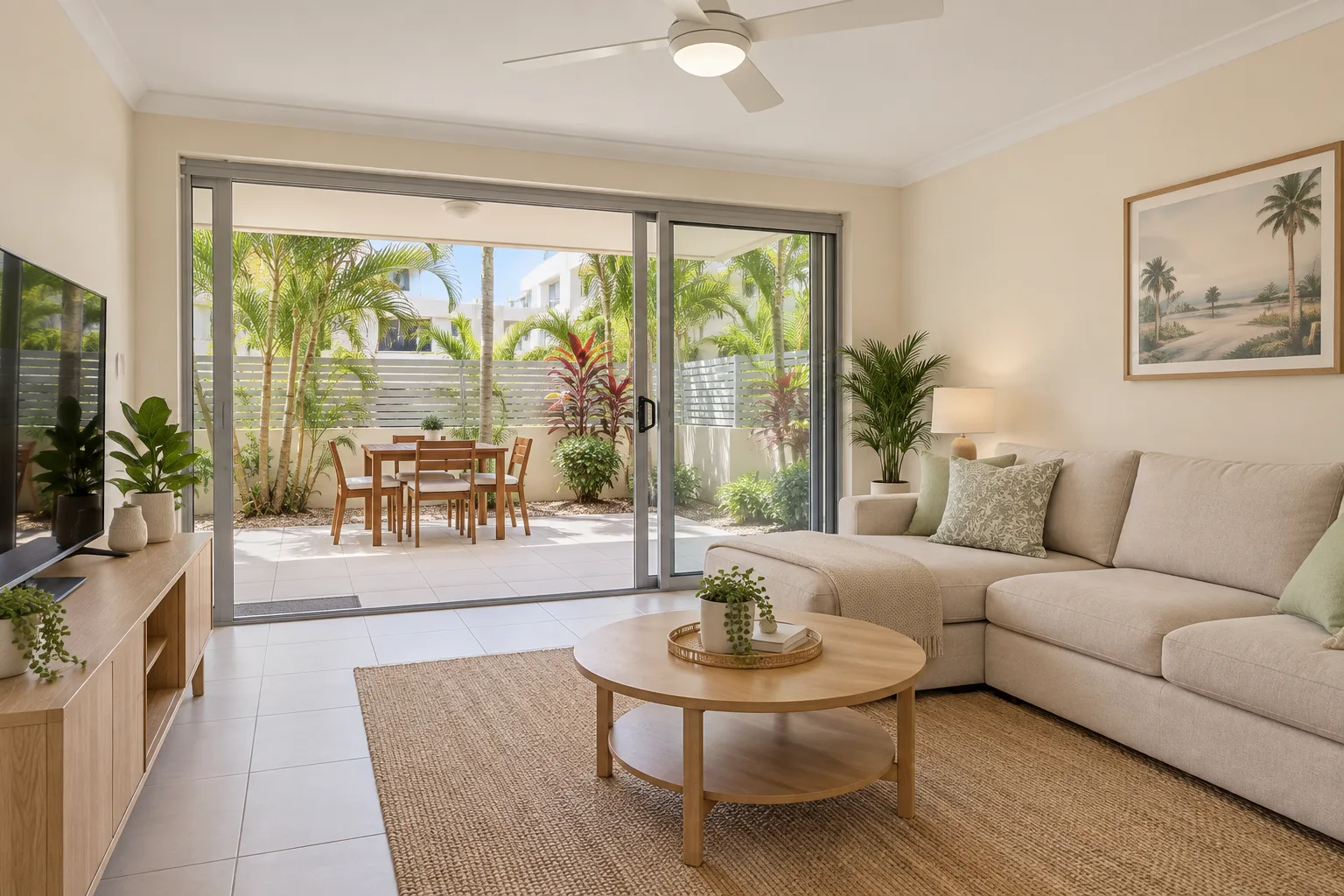AI-generated demo: Southport living room opening to the tropical courtyard